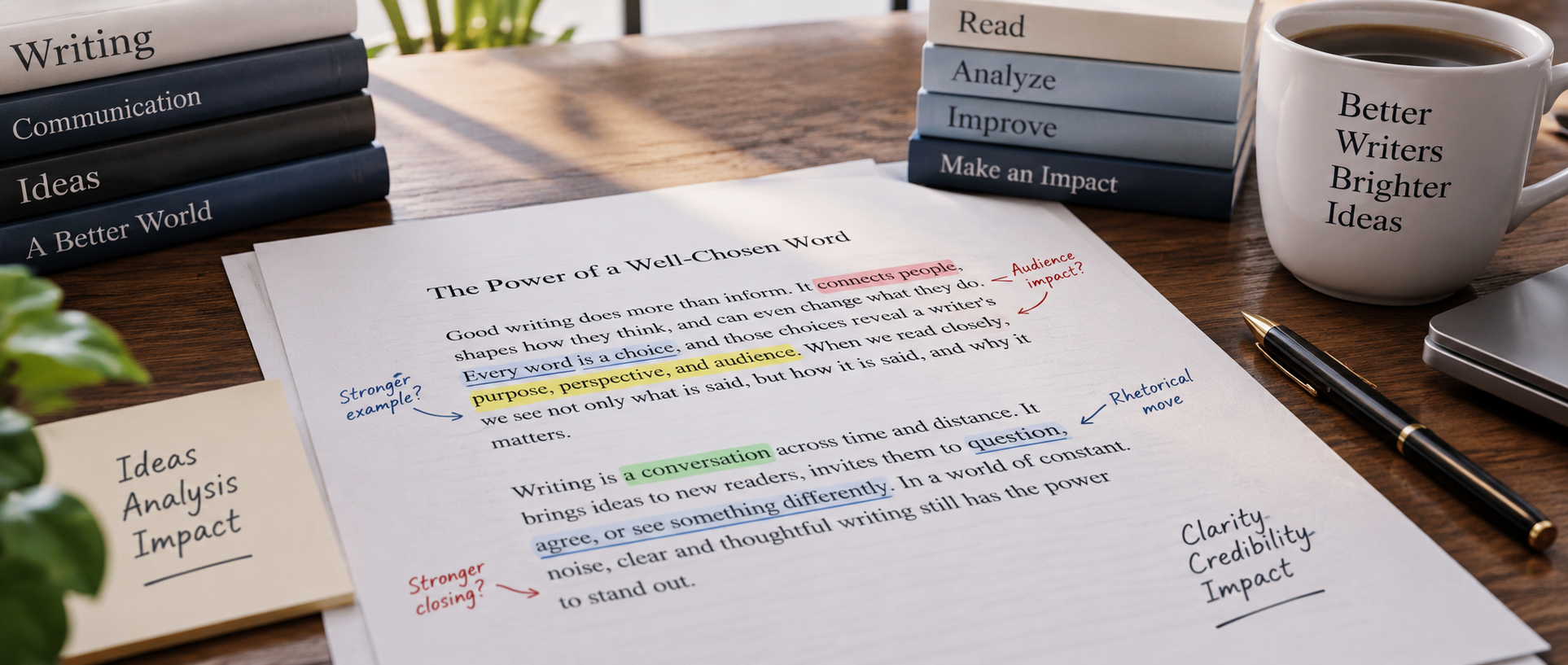 Writing analysis in practice: a printed passage annotated by hand, with highlights marking word choice, audience impact and rhetorical moves